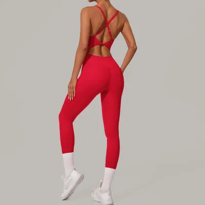 Women Fashion Solid Color Backless Adjustable Buckle Crossed Waist Tight Yoga Jumpsuit