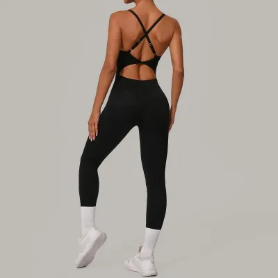 Women Fashion Solid Color Backless Adjustable Buckle Crossed Waist Tight Yoga Jumpsuit