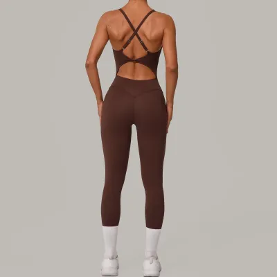 Women Fashion Solid Color Backless Adjustable Buckle Crossed Waist Tight Yoga Jumpsuit