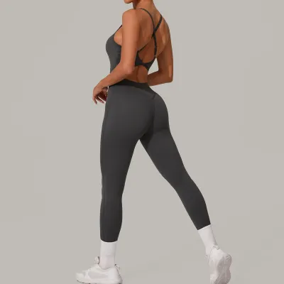 Women Fashion Solid Color Backless Adjustable Buckle Crossed Waist Tight Yoga Jumpsuit