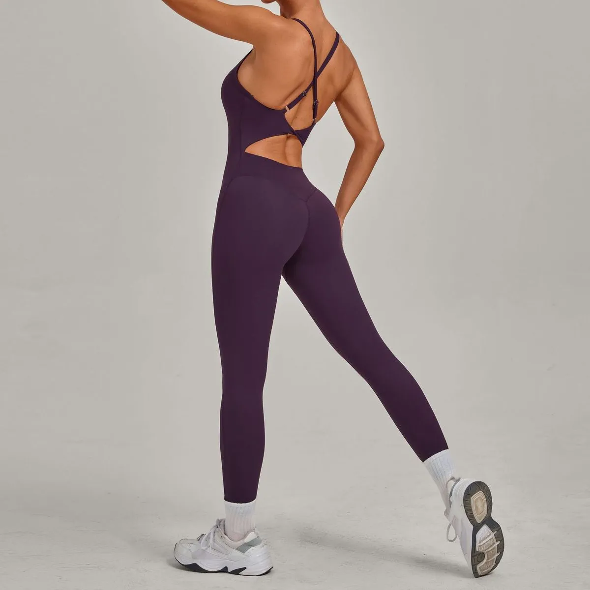 Women Fashion Solid Color Backless Adjustable Buckle Crossed Waist Tight Yoga Jumpsuit