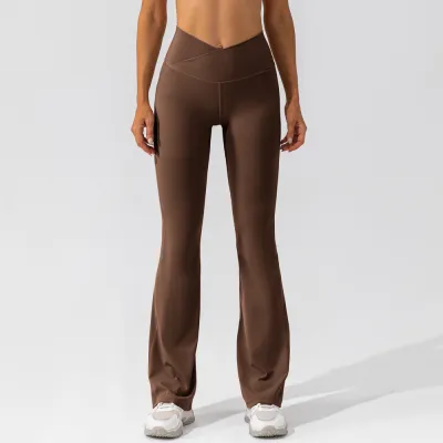 Women Fashion Casual Solid Color High Waist Tight Wide Leg Flared Sports Yoga Pants