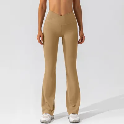 Women Fashion Casual Solid Color High Waist Tight Wide Leg Flared Sports Yoga Pants