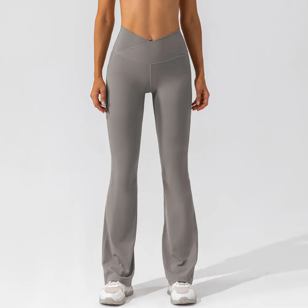 Women Fashion Casual Solid Color High Waist Tight Wide Leg Flared Sports Yoga Pants