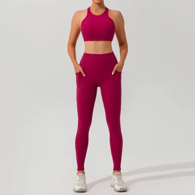 Women Fashion Casual Solid Color Quick-Drying Thread Tank Top Tight Pants Yoga Sports Two-Piece Set