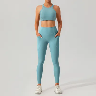 Women Fashion Casual Solid Color Quick-Drying Thread Tank Top Tight Pants Yoga Sports Two-Piece Set