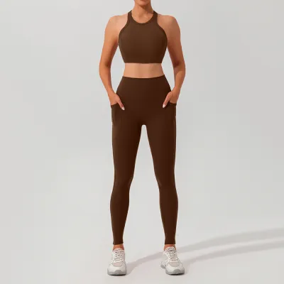 Women Fashion Casual Solid Color Quick-Drying Thread Tank Top Tight Pants Yoga Sports Two-Piece Set
