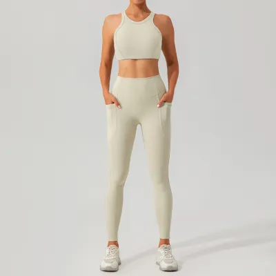 Women Fashion Casual Solid Color Quick-Drying Thread Tank Top Tight Pants Yoga Sports Two-Piece Set