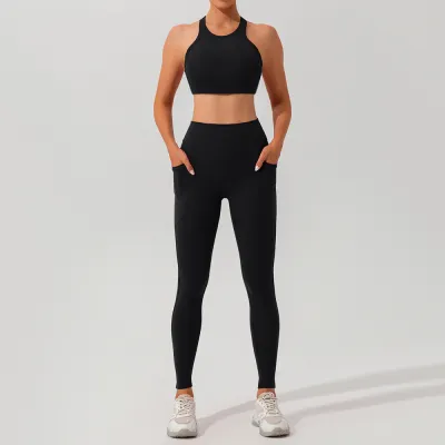 Women Fashion Casual Solid Color Quick-Drying Thread Tank Top Tight Pants Yoga Sports Two-Piece Set