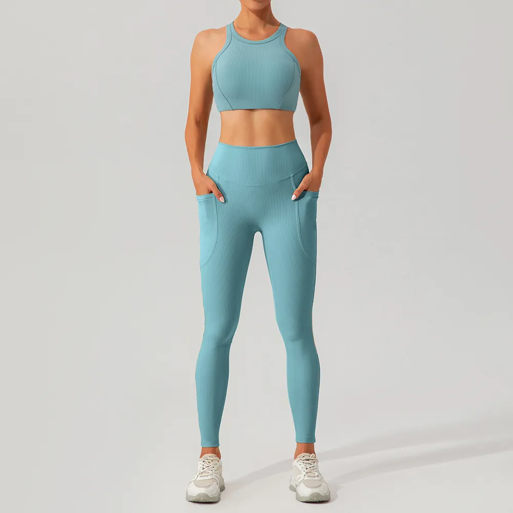 Women Fashion Casual Solid Color Quick-Drying Thread Tank Top Tight Pants Yoga Sports Two-Piece Set