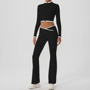Women Fashion Casual Contrast Color Long-Sleeve Jacket Cross Pants Yoga Sports Two-Piece Set