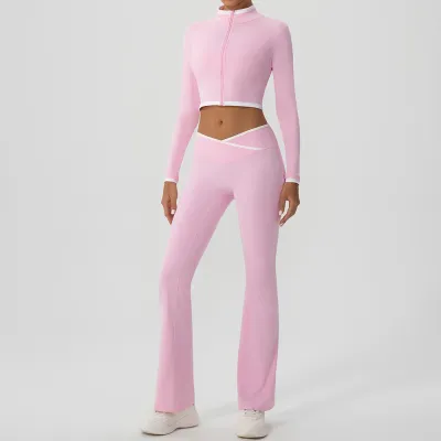 Women Fashion Casual Contrast Color Long-Sleeve Jacket Cross Pants Yoga Sports Two-Piece Set