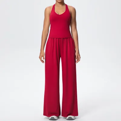 Women Fashion Casual Solid Color Sanding Halter-Neck Backless Tank Top Wide-Leg Pants Quick-Drying Yoga Sports Two-Piece Set