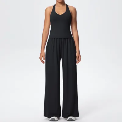 Women Fashion Casual Solid Color Sanding Halter-Neck Backless Tank Top Wide-Leg Pants Quick-Drying Yoga Sports Two-Piece Set