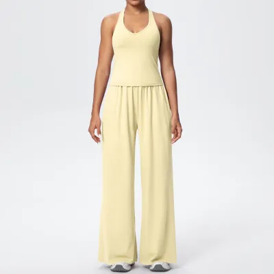 Women Fashion Casual Solid Color Sanding Halter-Neck Backless Tank Top Wide-Leg Pants Quick-Drying Yoga Sports Two-Piece Set