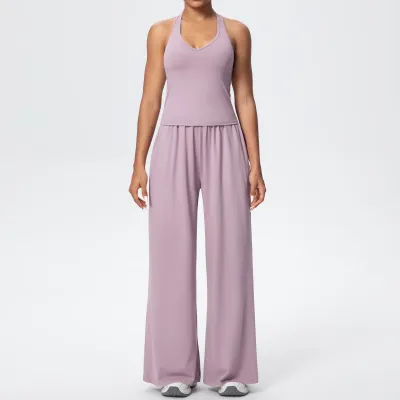 Women Fashion Casual Solid Color Sanding Halter-Neck Backless Tank Top Wide-Leg Pants Quick-Drying Yoga Sports Two-Piece Set
