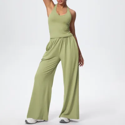Conjunto de dos piezas para mujer: top sin espalda con cuello halter y pantalón de pierna ancha, de secado rápido, estilo casual, color liso, ideal para yoga y deportes.