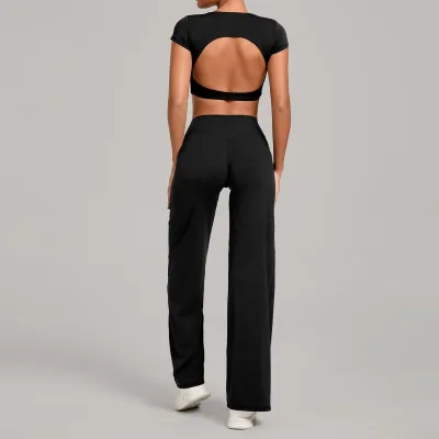 Women Fashion Casual Solid Color Quick-Drying Short-Sleeve Backless Crop Top Straight Pants Yoga Sports Two-Piece Set