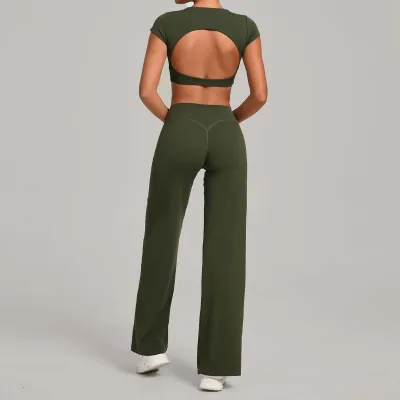 Women Fashion Casual Solid Color Quick-Drying Short-Sleeve Backless Crop Top Straight Pants Yoga Sports Two-Piece Set