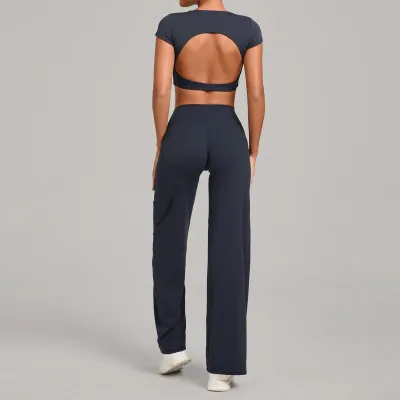 Women Fashion Casual Solid Color Quick-Drying Short-Sleeve Backless Crop Top Straight Pants Yoga Sports Two-Piece Set