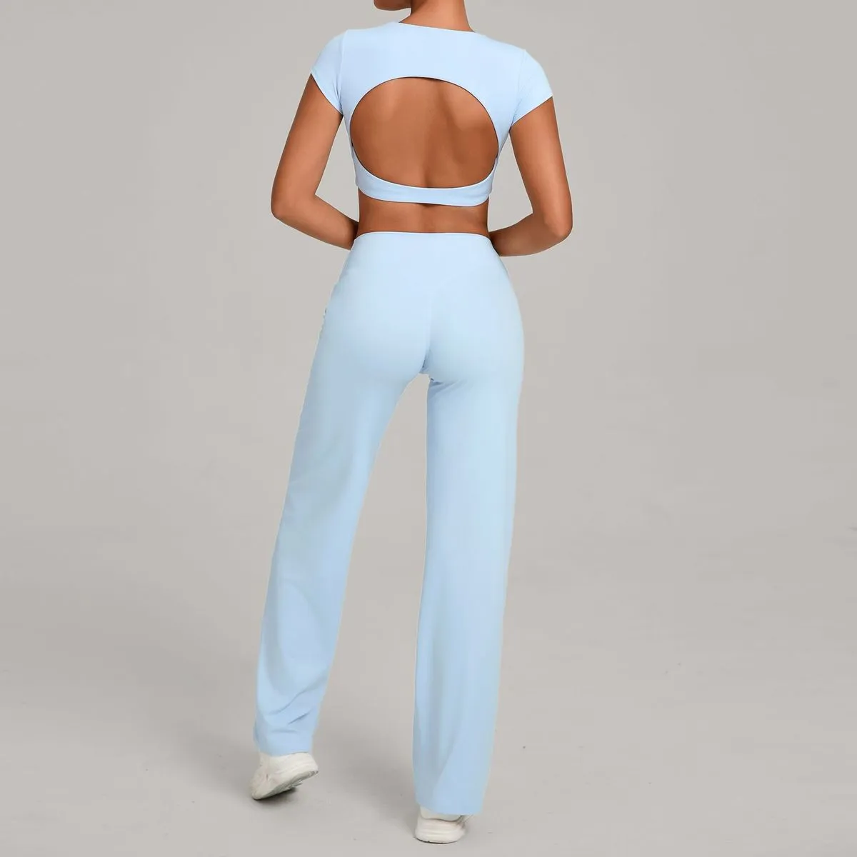 Women Fashion Casual Solid Color Quick-Drying Short-Sleeve Backless Crop Top Straight Pants Yoga Sports Two-Piece Set