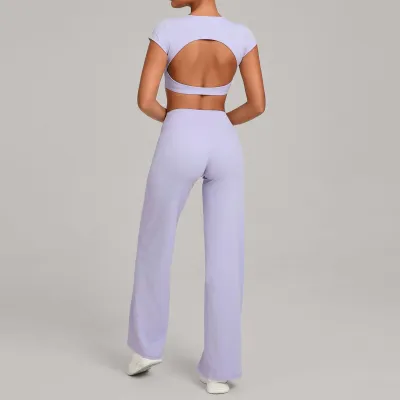 Women Fashion Casual Solid Color Quick-Drying Short-Sleeve Backless Crop Top Straight Pants Yoga Sports Two-Piece Set