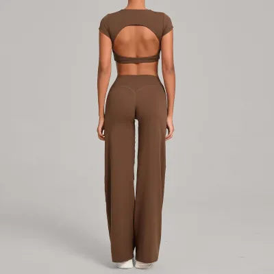 Women Fashion Casual Solid Color Quick-Drying Short-Sleeve Backless Crop Top Straight Pants Yoga Sports Two-Piece Set