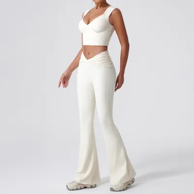 Women Fashion Casual Solid Color Quick Dry Tight Tank Top High Waist Flared Pants Yoga Sports Two-Piece Set