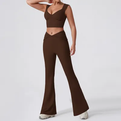 Women Fashion Casual Solid Color Quick Dry Tight Tank Top High Waist Flared Pants Yoga Sports Two-Piece Set