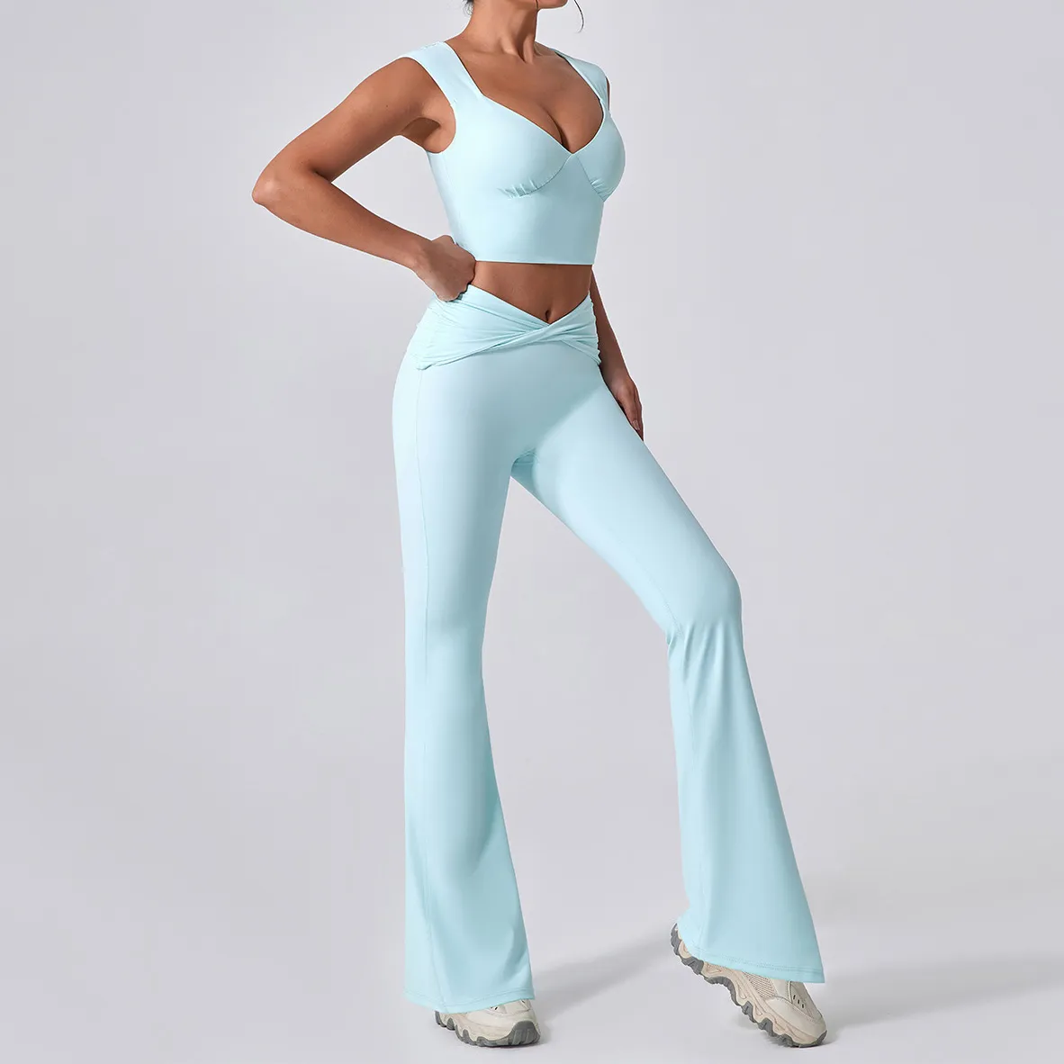 Women Fashion Casual Solid Color Quick Dry Tight Tank Top High Waist Flared Pants Yoga Sports Two-Piece Set