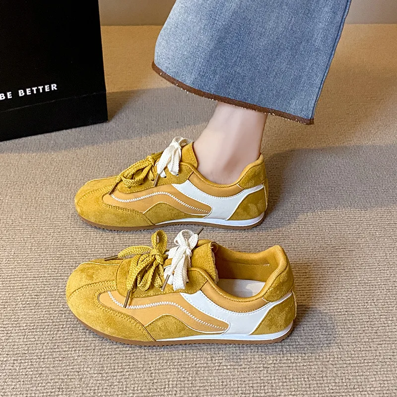 Women Fashion Casual Colorblock Round Toe Lace Up Thin Breathable Flat German Trainers Sneakers