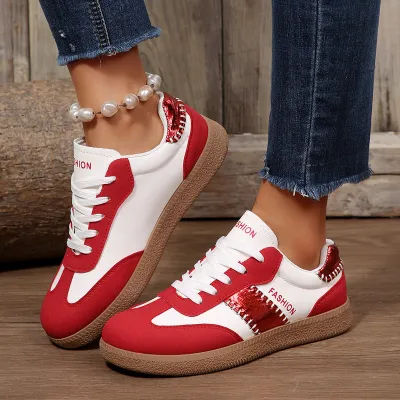 Women Fashion Casual Colorblock Round Toe Lace-Up Flat German Trainers Sneakers Plus Size
