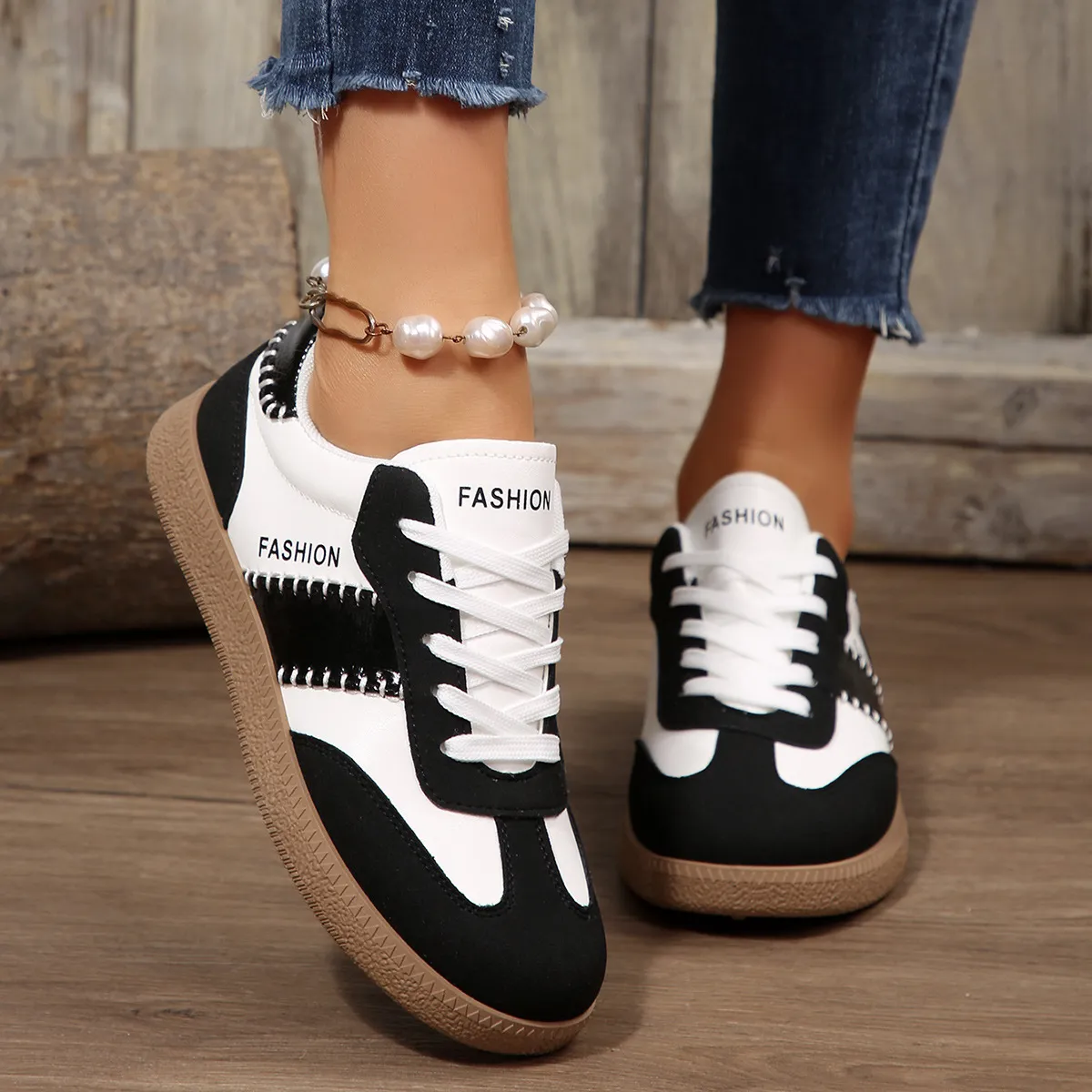Women Fashion Casual Colorblock Round Toe Lace-Up Flat German Trainers Sneakers Plus Size