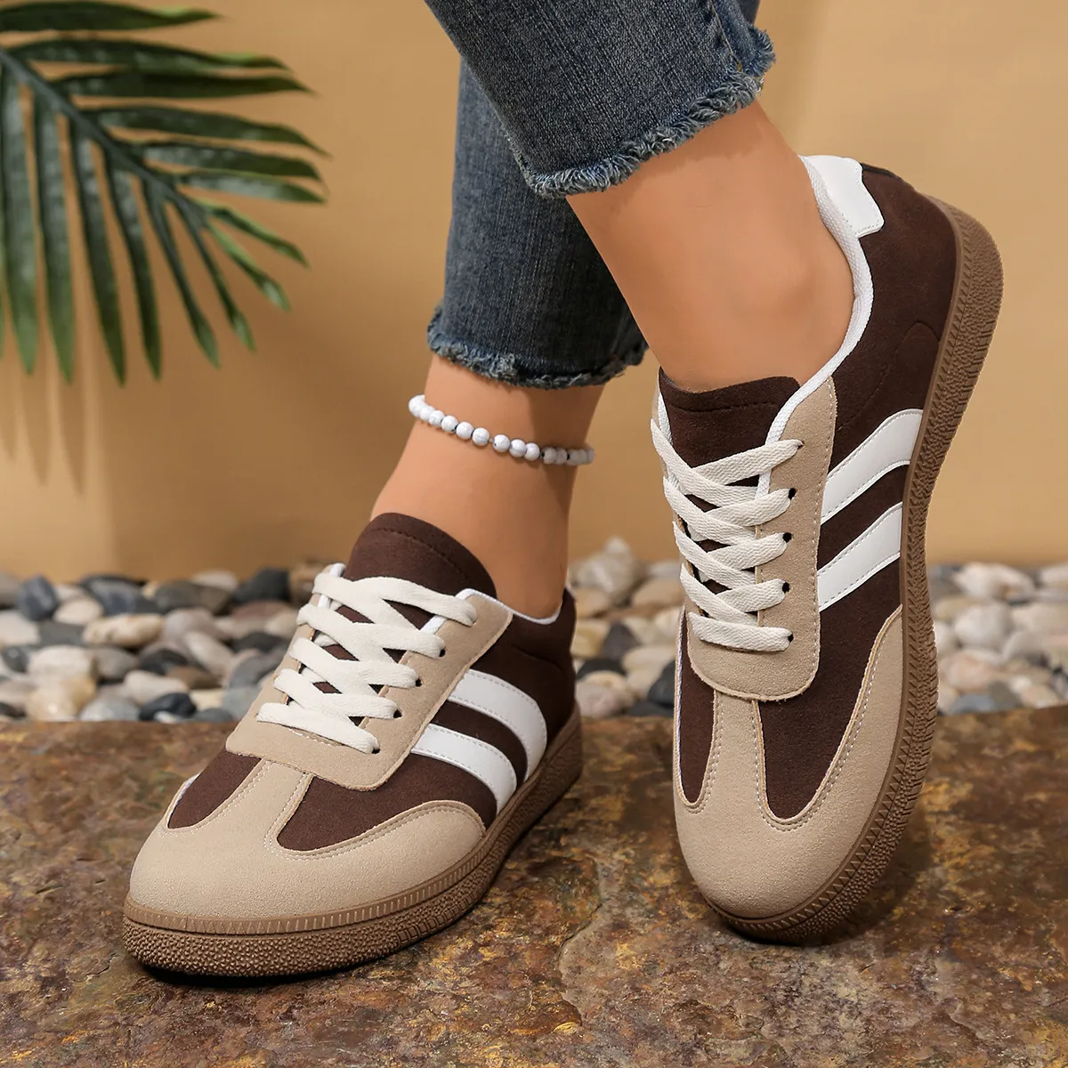 Women Fashion Casual Retro Colorblock Round Toe Lace-Up Flat German Trainers Plus Size Sneakers