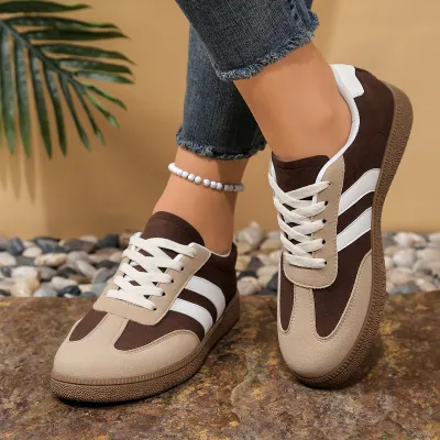 Zapatillas deportivas planas alemanas de moda femenina, estilo retro, con bloques de color, punta redonda y cordones.