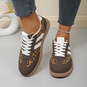 Women Casual Leopard Colorblock Lace Up Round Toe Flat Forrest Gump Sneakers