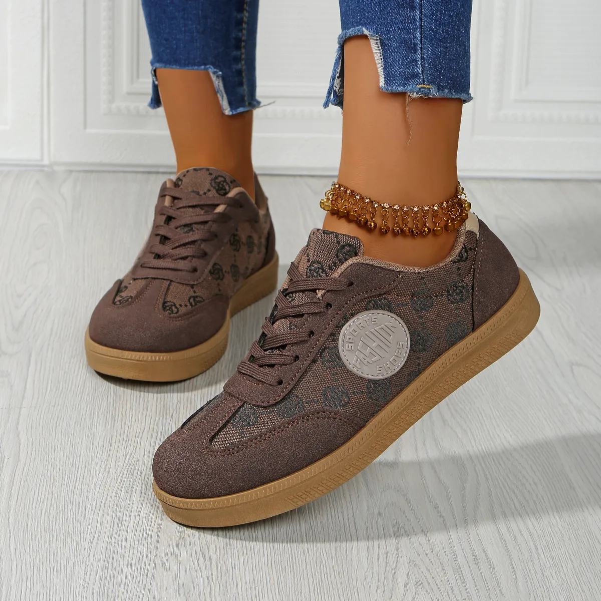 Women Fashion Casual Printed Round Toe Lace-Up Flat Sneakers Shoes Plus Size