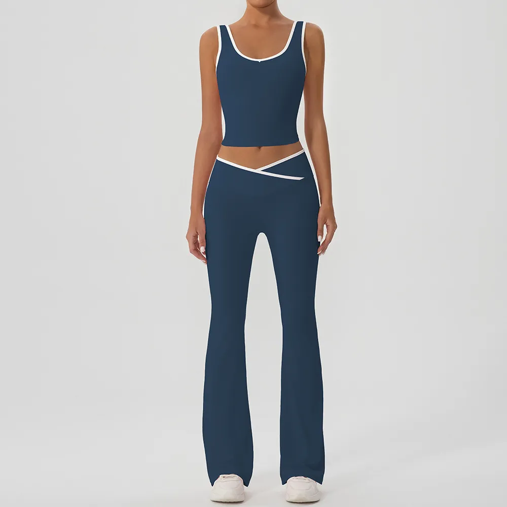 Women Fashion Casual Contrast Color Tank Top Tight Cross Pants Yoga Sports Two-Piece Set