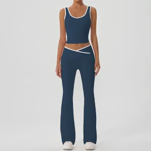 Women Fashion Casual Contrast Color Tank Top Tight Cross Pants Yoga Sports Two-Piece Set