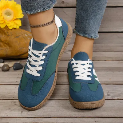 Women Fashion Casual Retro Colorblock Round Toe Lace-Up Flat German Trainers Sneakers