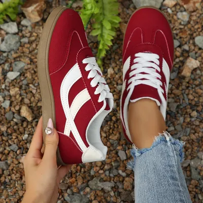 Women Fashion Casual Colorblock Round Toe Lace-Up Flat Soft-Sole German Trainers Sneakers