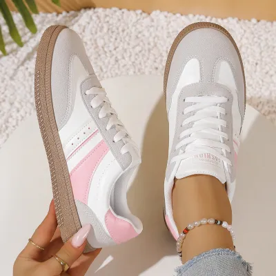 Women Fashion Casual Colorblock Round Toe Lace-Up Breathable Flat German Trainers Sneakers