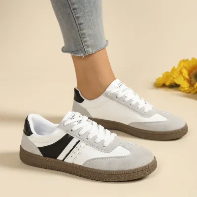 Women Fashion Casual Colorblock Round Toe Lace-Up Breathable Flat German Trainers Sneakers