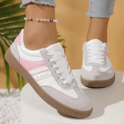 Zapatillas deportivas alemanas planas transpirables con puntera redonda, bloques de color y diseño casual para mujer.