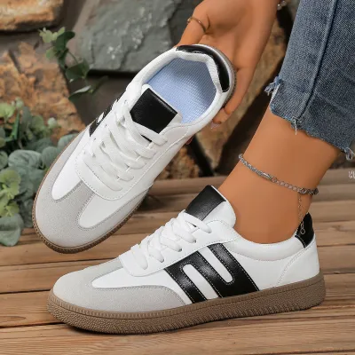 Women Fashion Casual Colorblock Lace-Up Flat German Sneakers Plus Size
