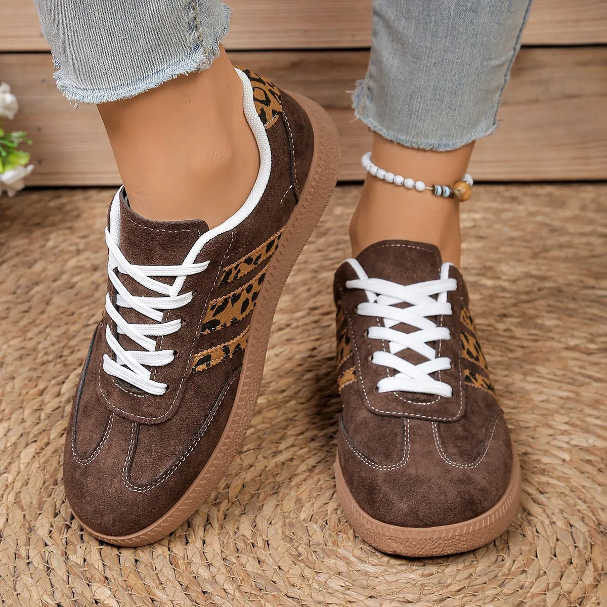 Women Fashion Casual Colorblock Leopard Round Toe Lace-Up Flat German Trainers Sneakers Plus Size
