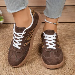 Women Fashion Casual Colorblock Leopard Round Toe Lace-Up Flat German Trainers Sneakers Plus Size