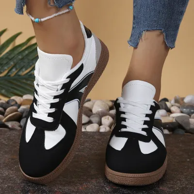 Women's Plus Size Fashion Color Block Lace Up Flat Sneakers