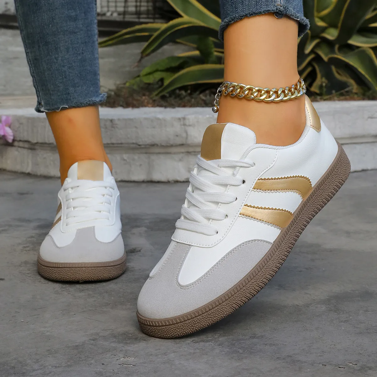 Women Fashion Casual Color Block Breathable Flat Soft Sole German Trainers Sneakers Plus Size