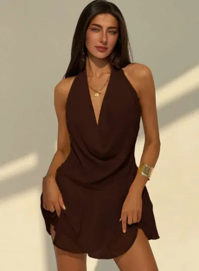 Women Sexy Solid Halter Cowl Neck Chiffon Dress